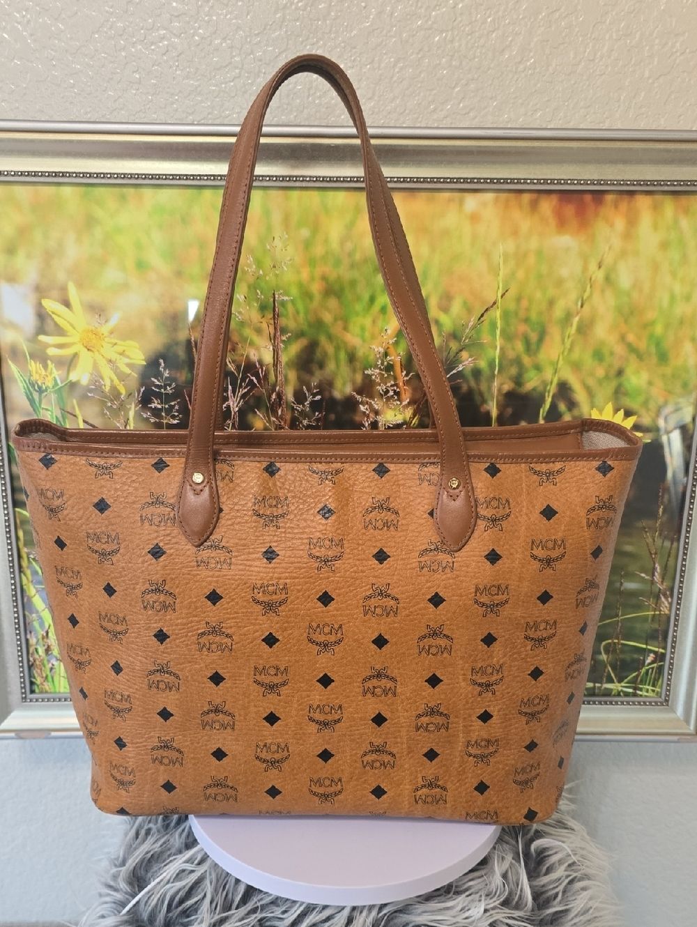 MCM Cognac Visetos Monogram Tote Bag Canvas Shoulder Bag Dog Bone Charm - Picture 5 of 13